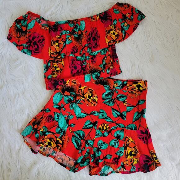 MINKPINK Red Tropical Print Dream Crop Top and Shorts Set Size XS - Picture 2 of 11